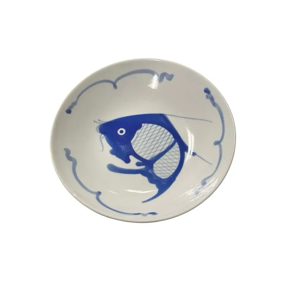 Vintage 1950s Raoping Hand Painted Blue & White Koi Fish Bowl 8in